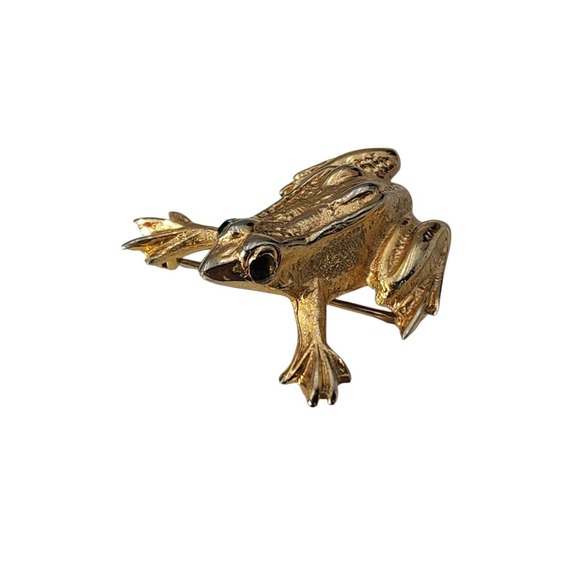 Vintage signed Napier gold tone FROG w/ green rhinestone eyes brooch pin - Picture 2 of 5